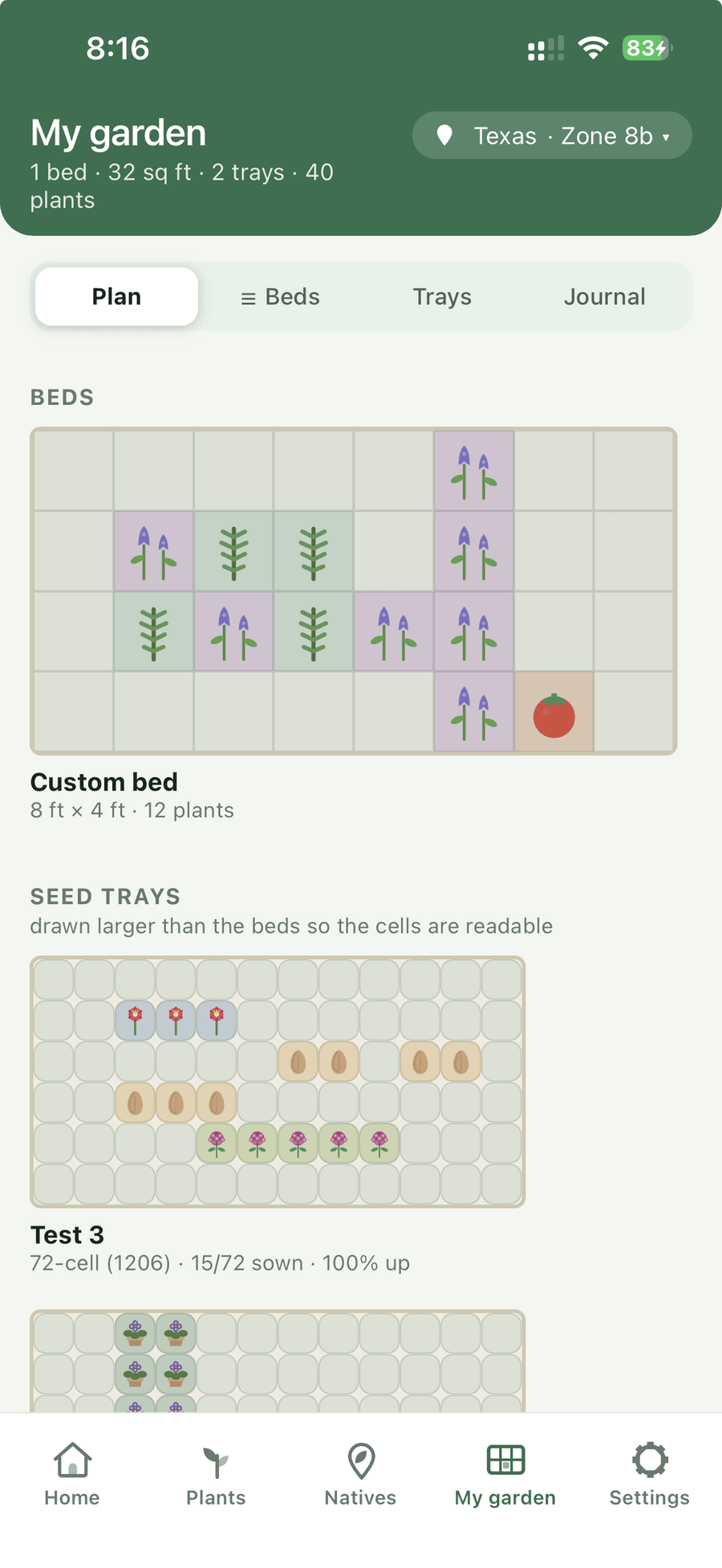 The garden bed planner, showing a custom 8 by 4 foot bed planted square by square, and a 72-cell seed tray below it.