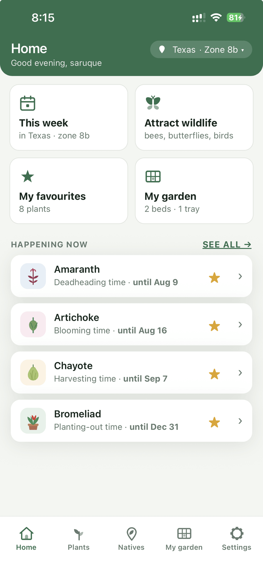 The ZoneSprout home screen, showing what is due to be planted this week in Texas zone 8b.