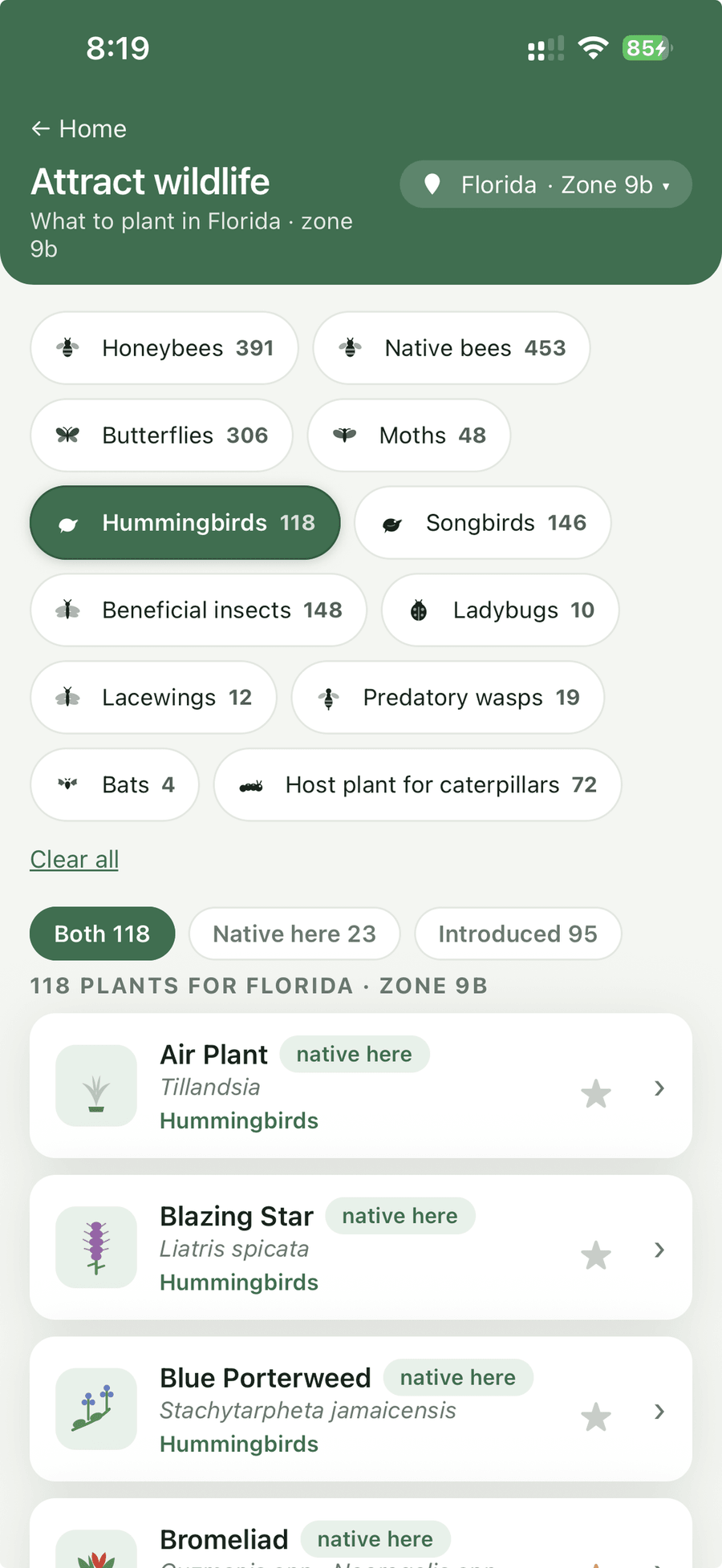 The attract wildlife screen, filtering Florida plants by hummingbirds, bees, butterflies and moths.